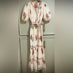 CELINA MOON White Maxi Dress with Red Floral Design